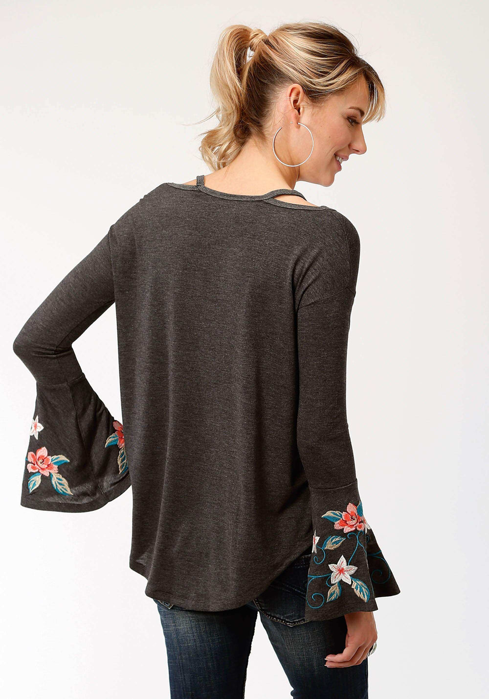Roper Womens Heather Gray With Floral Embroidery Long Sleeve Knit Top - Roper - Flyclothing LLC
