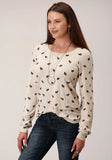 Roper Womens Long Sleeve Knit All Over Emb Micro Frnch Terry Top - Roper