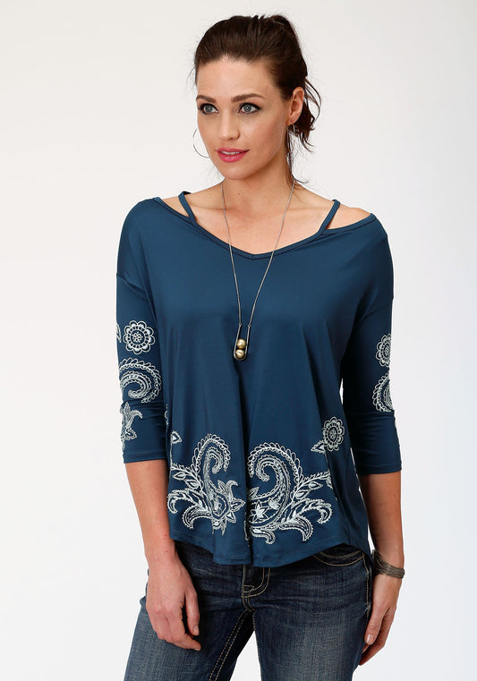 Roper Womens Blue With White Paisley Print Long Sleeve Knit Top