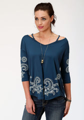 Roper Womens Blue With White Paisley Print Long Sleeve Knit Top