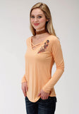 Roper Womens Yellow Solid With Screen Print Long Sleeve Knit Top - Roper
