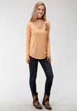 Roper Womens Yellow Solid With Screen Print Long Sleeve Knit Top - Roper