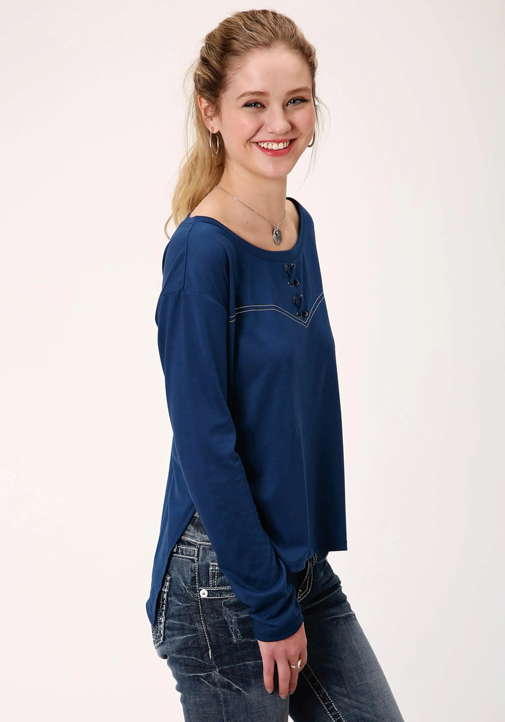 Roper Womens Blue With Embroidered Yoke Long Sleeve Knit Top - Roper