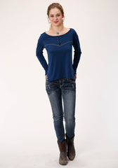 Roper Womens Blue With Embroidered Yoke Long Sleeve Knit Top