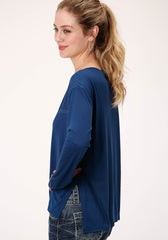 Roper Womens Blue With Embroidered Yoke Long Sleeve Knit Top