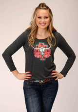 Roper Womens Long Sleeve Knit Heather Charcoal Poly Rayon Top - Roper - Flyclothing LLC