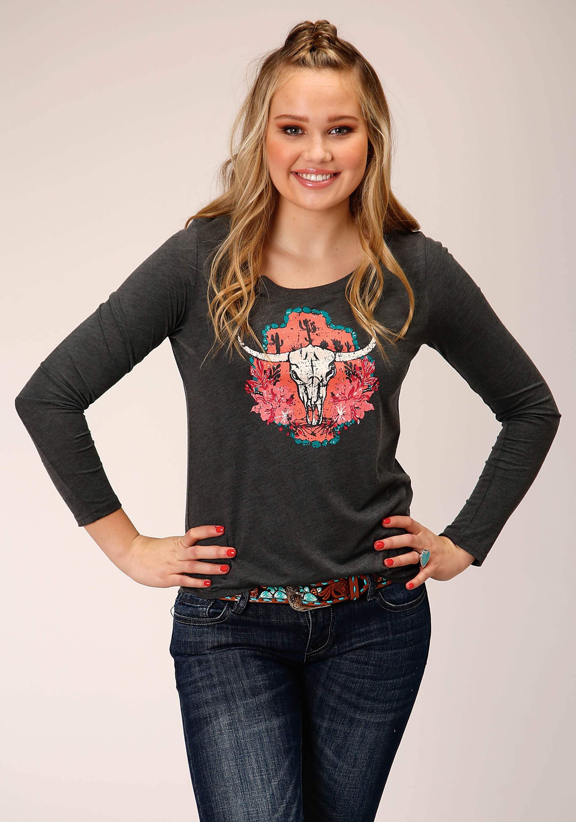 Roper Womens Long Sleeve Knit Heather Charcoal Poly Rayon Top - Roper - Flyclothing LLC