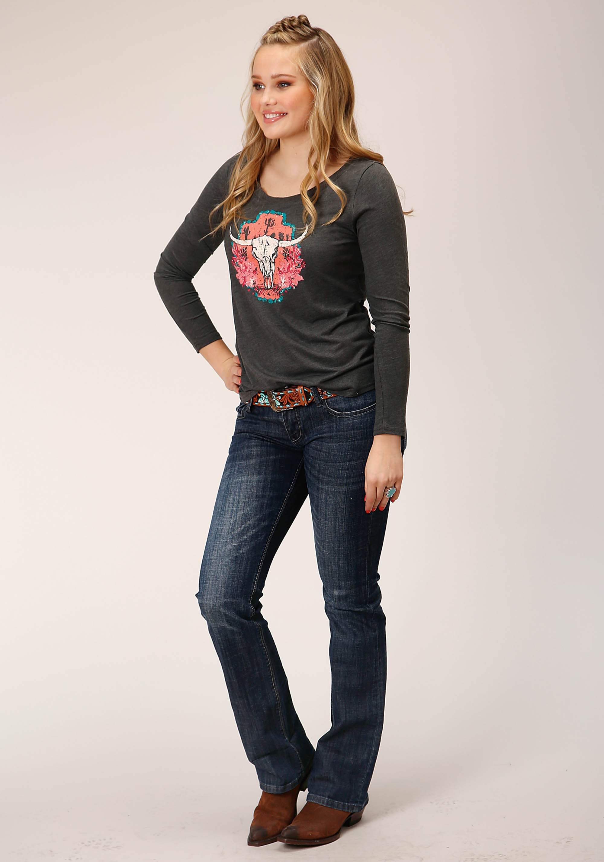 Roper Womens Long Sleeve Knit Heather Charcoal Poly Rayon Top - Roper - Flyclothing LLC