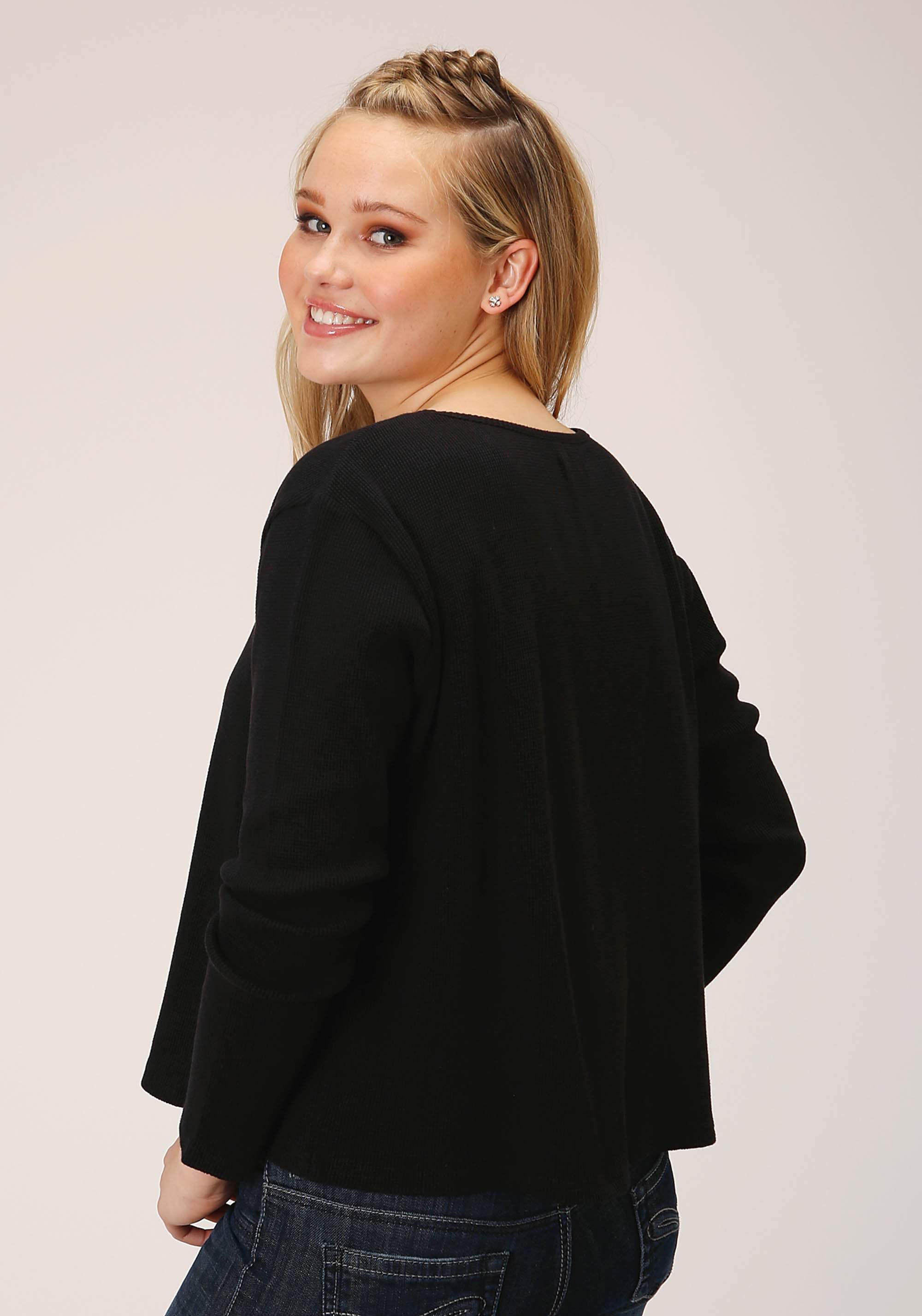 Roper Womens Long Sleeve Knit Jet Black Waffle Slub Top - Roper - Flyclothing LLC
