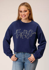 Roper Womens Long Sleeve Knit Navy Blue French Terry Top