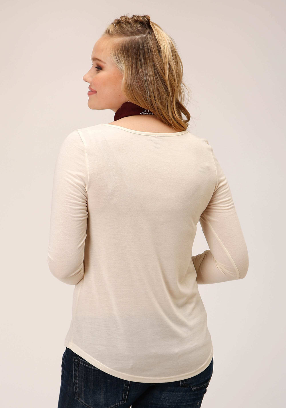 Roper Womens Long Sleeve Knit Cream Poly Rayon Jersey Top - Roper - Flyclothing LLC