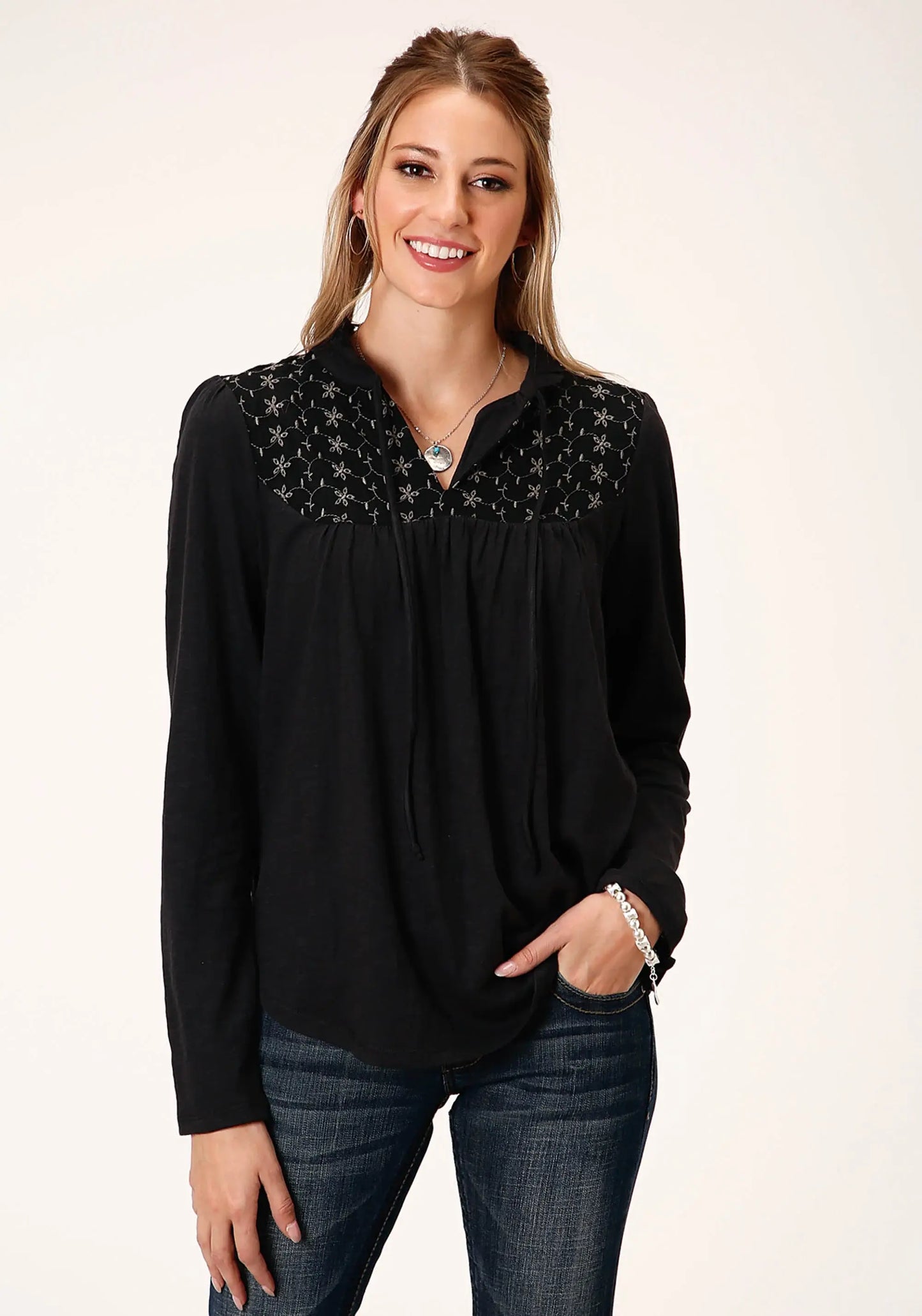 Roper Womens Cotton Slub Jersey Peasant Long Sleeve Knit Top - Roper - Flyclothing LLC