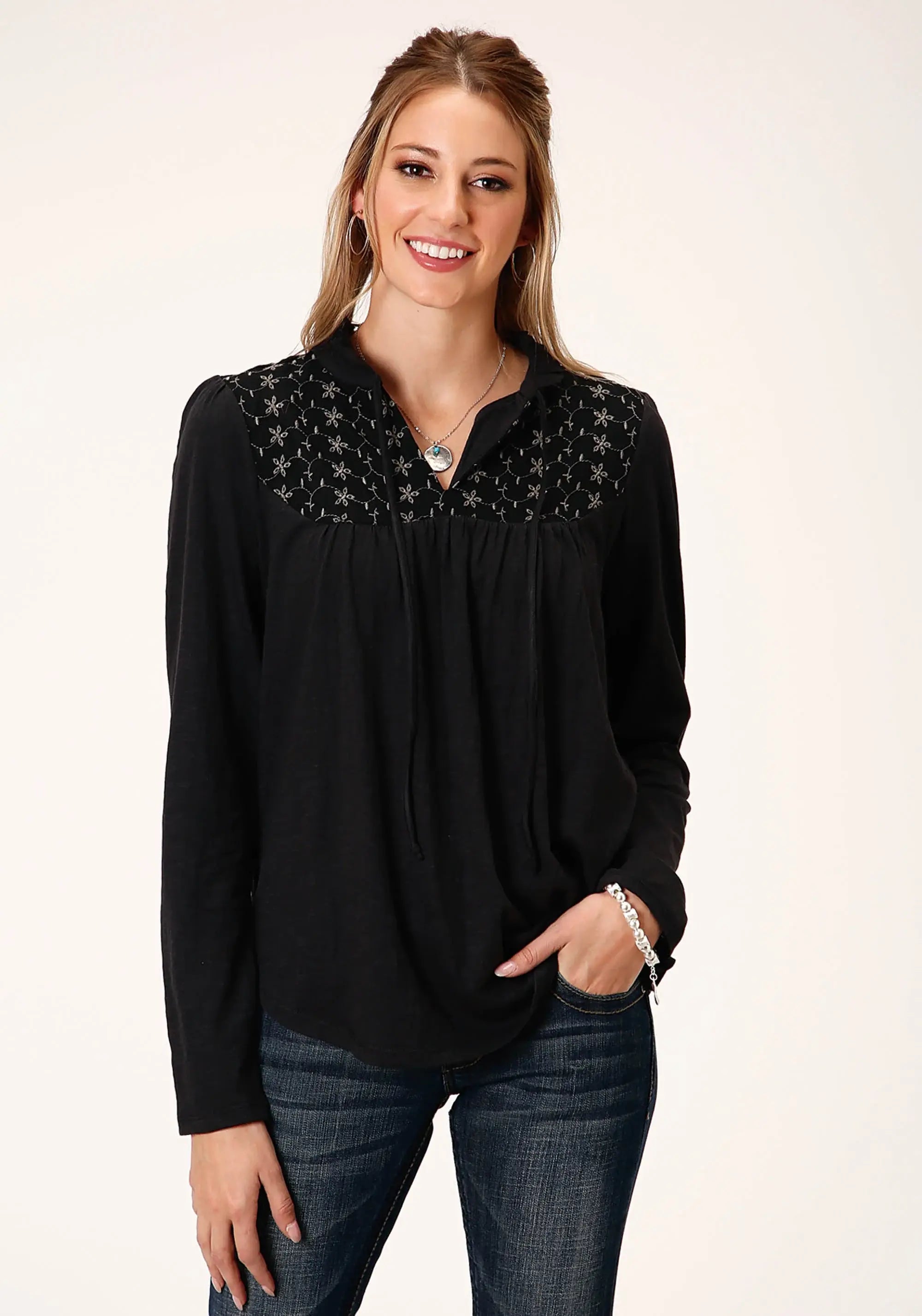 Roper Womens Cotton Slub Jersey Peasant Long Sleeve Knit Top - Roper - Flyclothing LLC