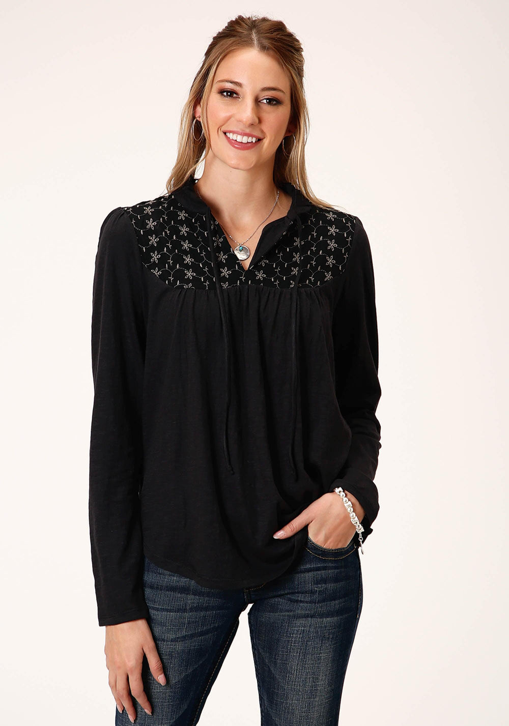 Roper Womens Cotton Slub Jersey Peasant Long Sleeve Knit Top - Roper