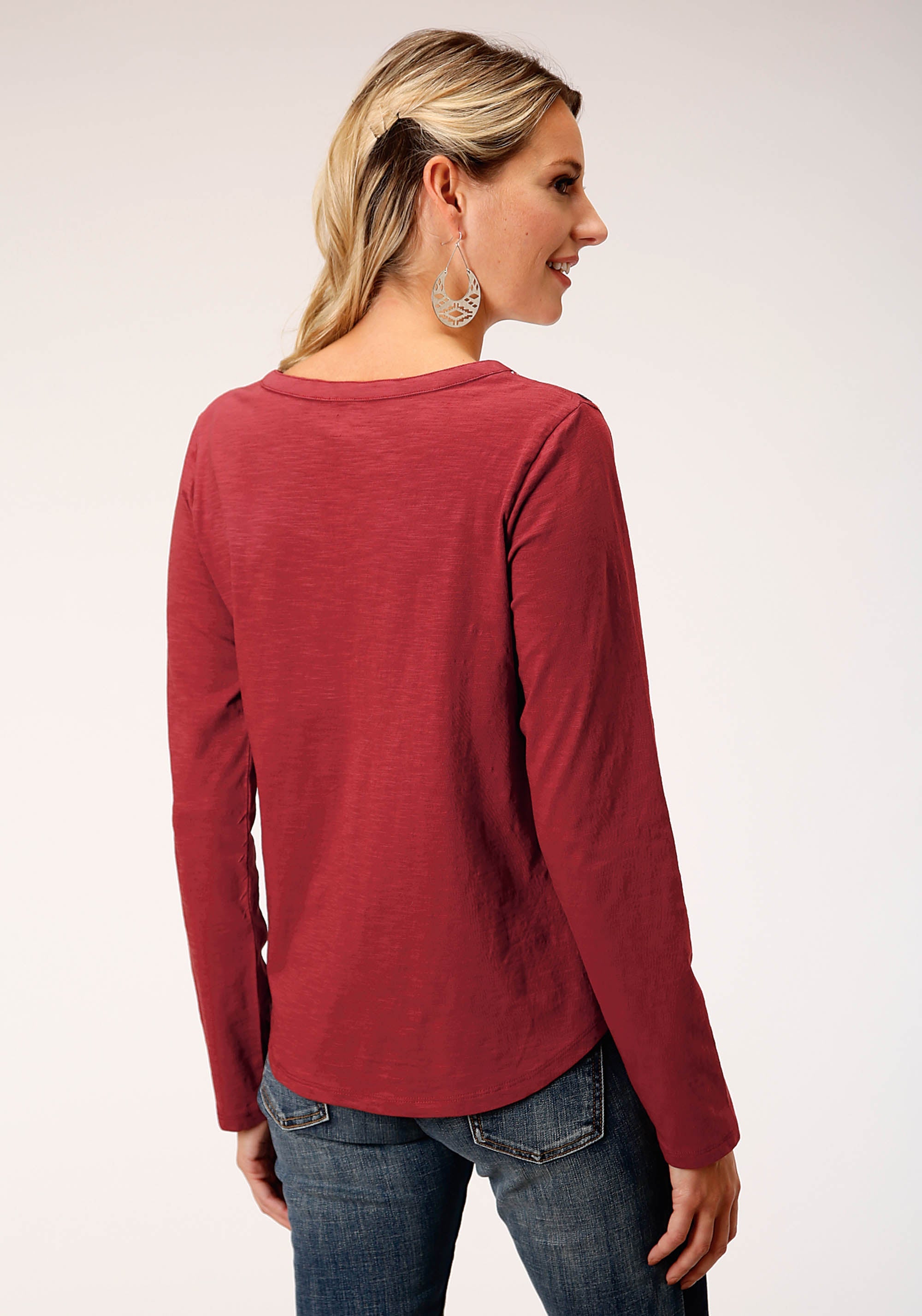 Roper Womens Long Sleeve Knit Rust Slub Jersey Shirt Top