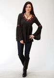 Roper Womens Grey Solid With Embroidery Long Sleeve Knit Top - Roper