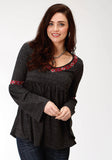 Roper Womens Grey Solid With Embroidery Long Sleeve Knit Top - Roper