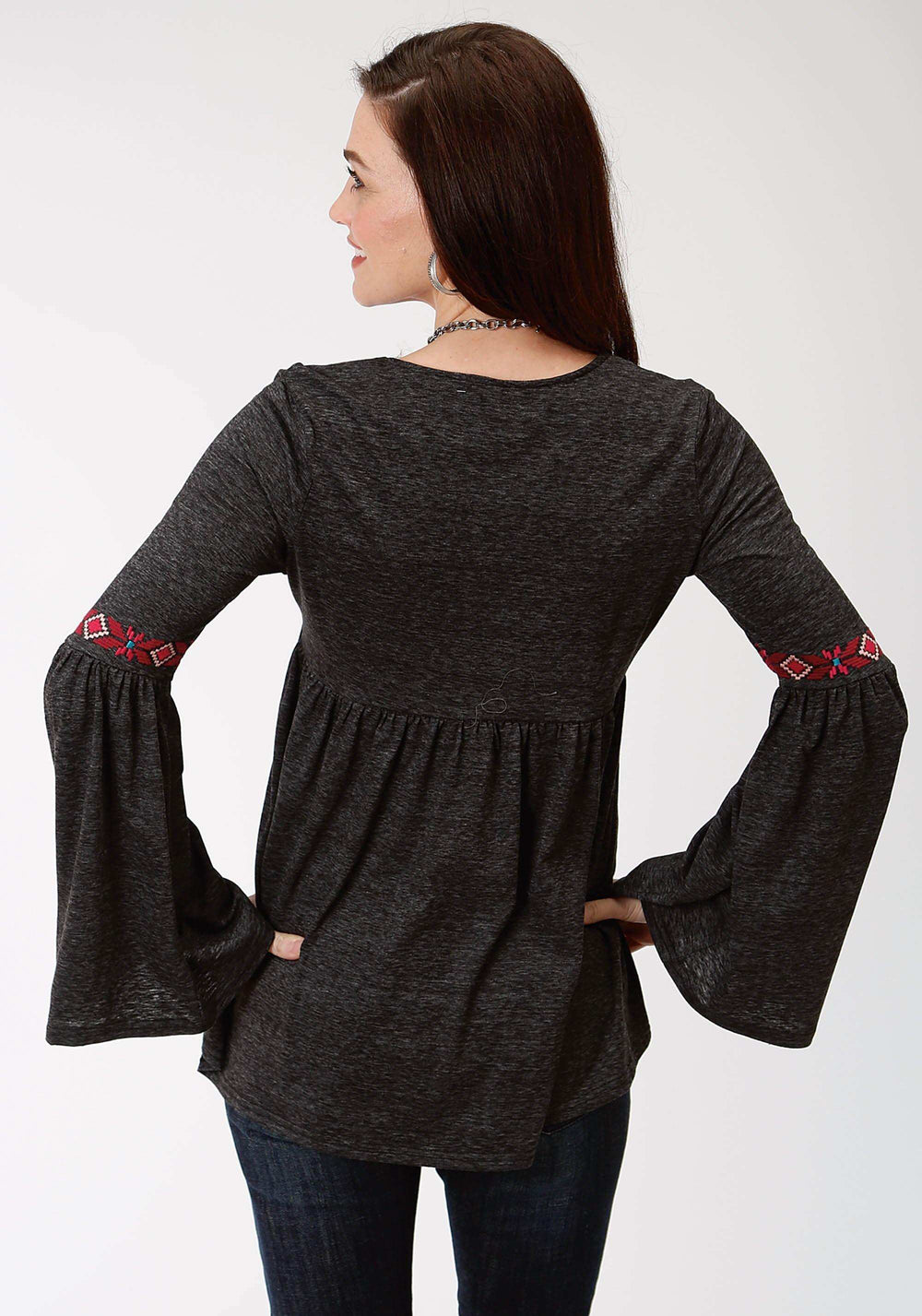 Roper Womens Grey Solid With Embroidery Long Sleeve Knit Top - Roper - Flyclothing LLC