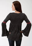 Roper Womens Grey Solid With Embroidery Long Sleeve Knit Top - Roper