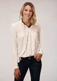 Roper Womens Long Sleeve Knit Cream Slub Jersey Peasant Top - Roper