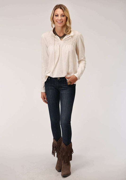 Roper Womens Long Sleeve Knit Cream Slub Jersey Peasant Top - Roper - Flyclothing LLC