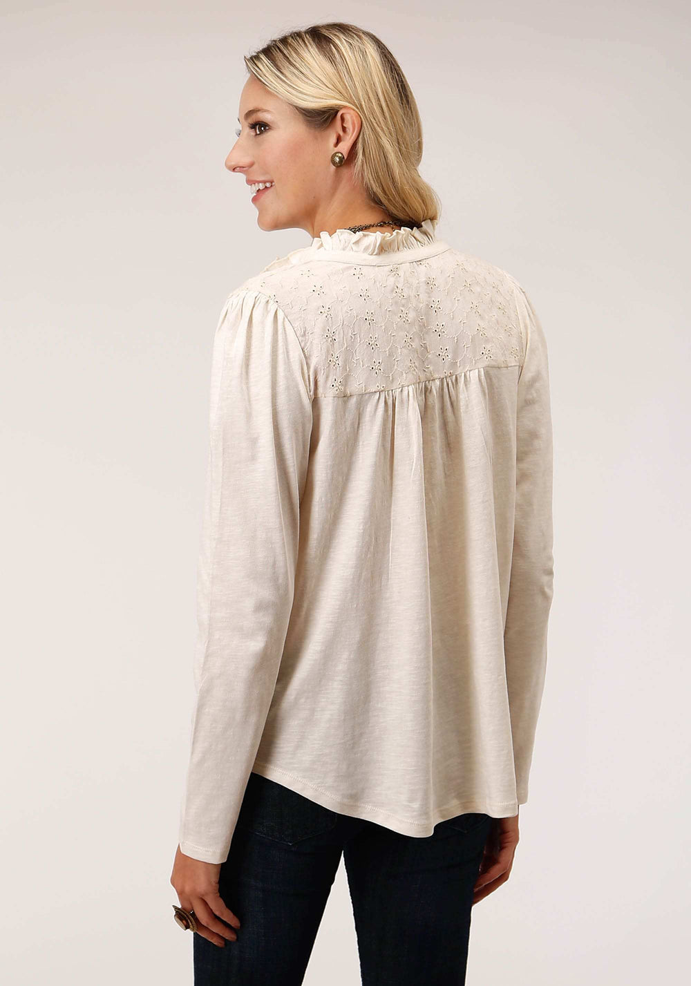 Roper Womens Long Sleeve Knit Cream Slub Jersey Peasant Top - Roper - Flyclothing LLC