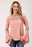 Roper Womens Long Sleeve Knit Light Pink Slub Knit Jersey Top - Roper