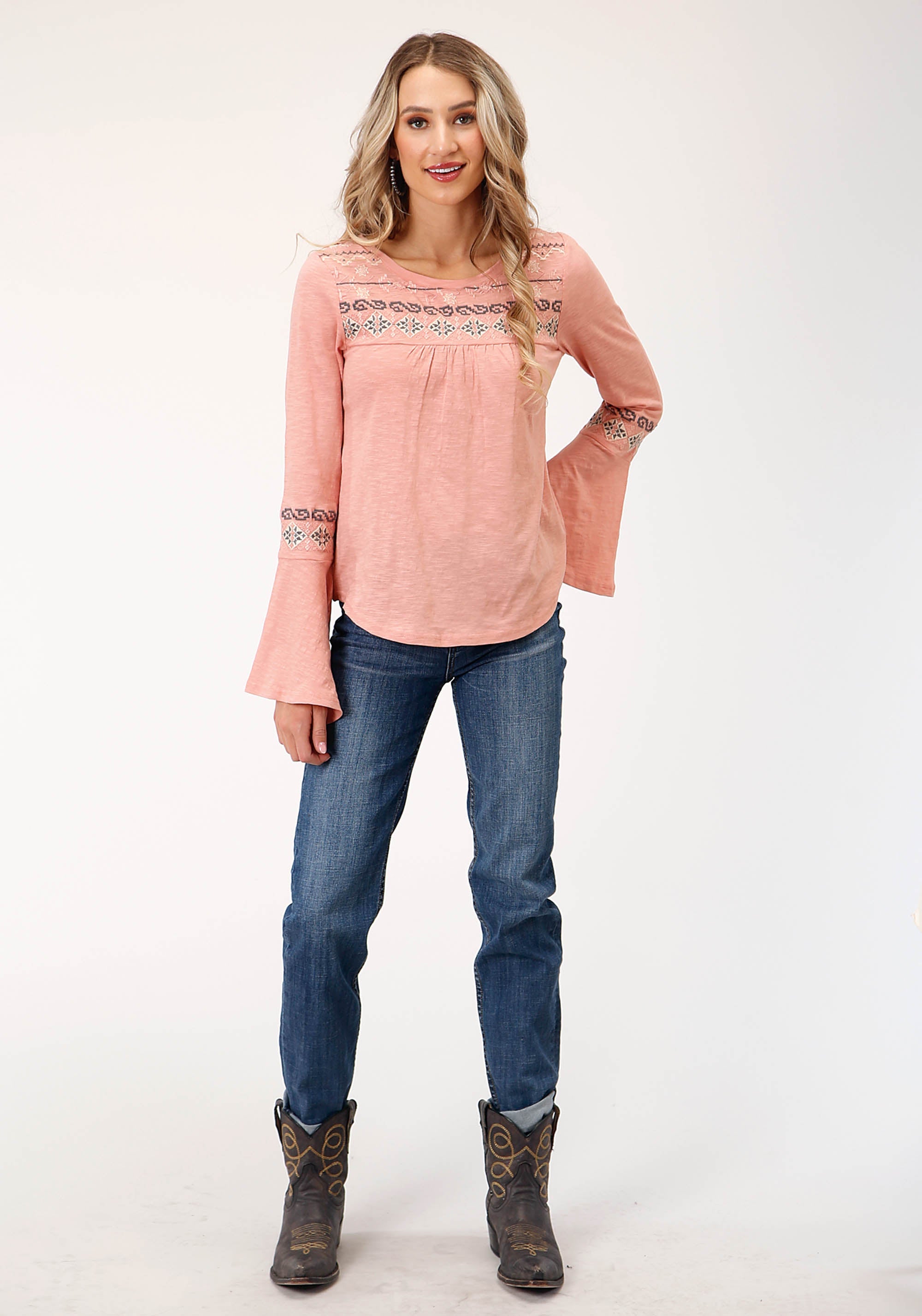 Roper Womens Long Sleeve Knit Light Pink Slub Knit Jersey Top