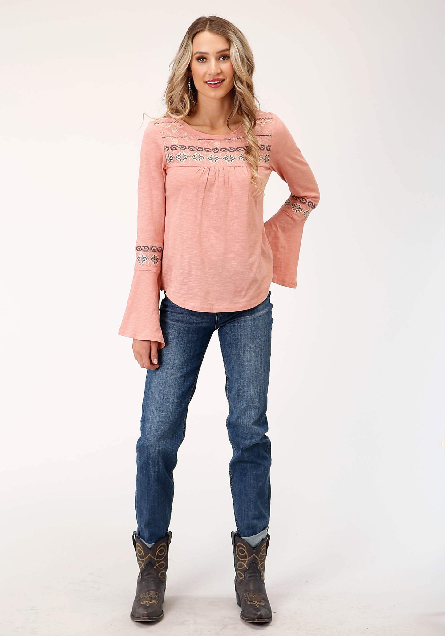 Roper Womens Long Sleeve Knit Light Pink Slub Knit Jersey Top - Roper - Flyclothing LLC