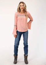 Roper Womens Long Sleeve Knit Light Pink Slub Knit Jersey Top - Roper - Flyclothing LLC