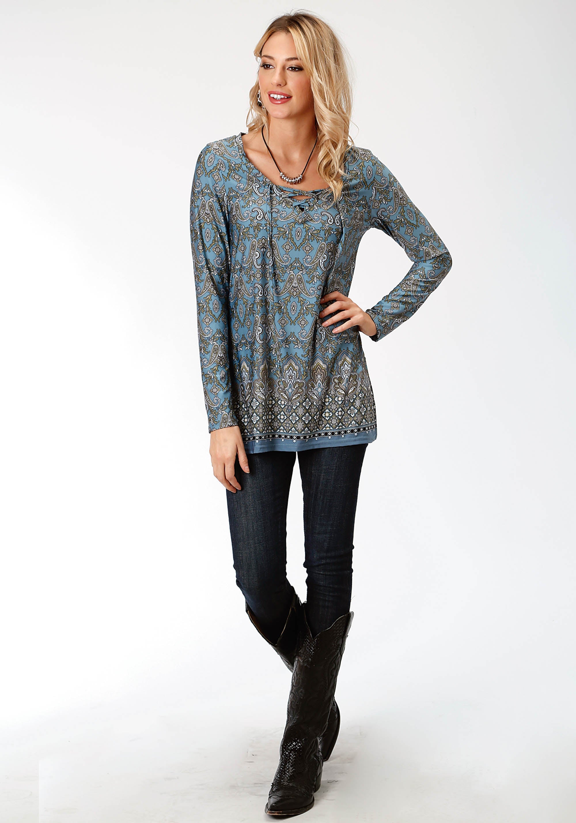 Roper Womens Multicolored Print Long Sleeve Knit Top