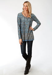 Roper Womens Multicolored Print Long Sleeve Knit Top