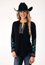 Roper Womens Long Sleeve Knit Black Slub Knit Jersey Top - Roper - Flyclothing LLC
