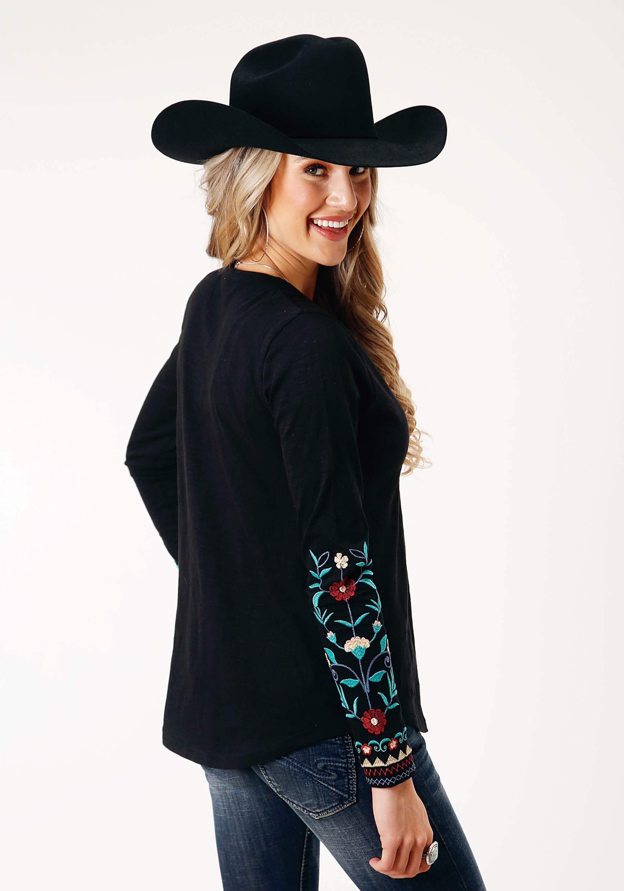 Roper Womens Long Sleeve Knit Black Slub Knit Jersey Top - Roper - Flyclothing LLC