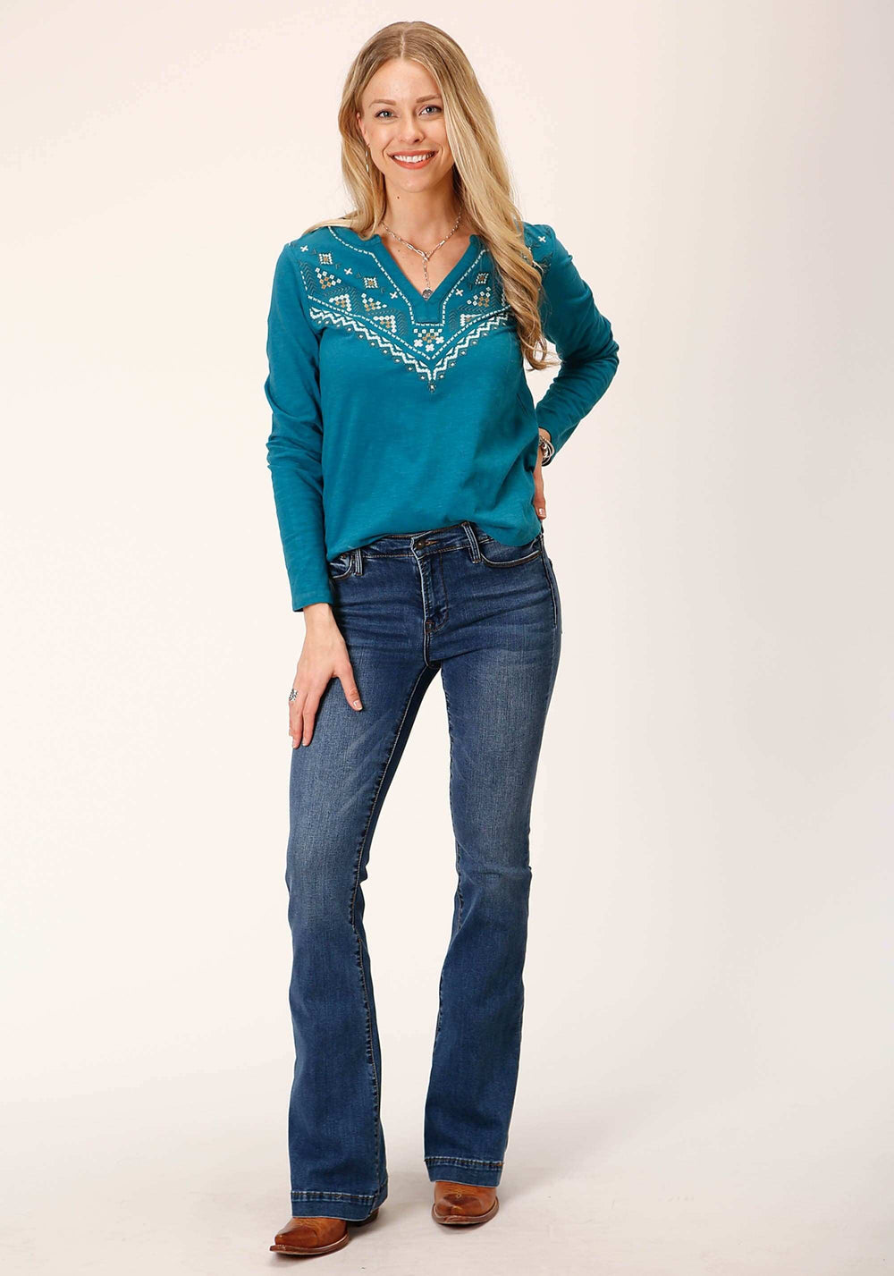 Roper Womens Long Sleeve Knit Cotton Slub Jersey Tee Shirt Top - Roper - Flyclothing LLC