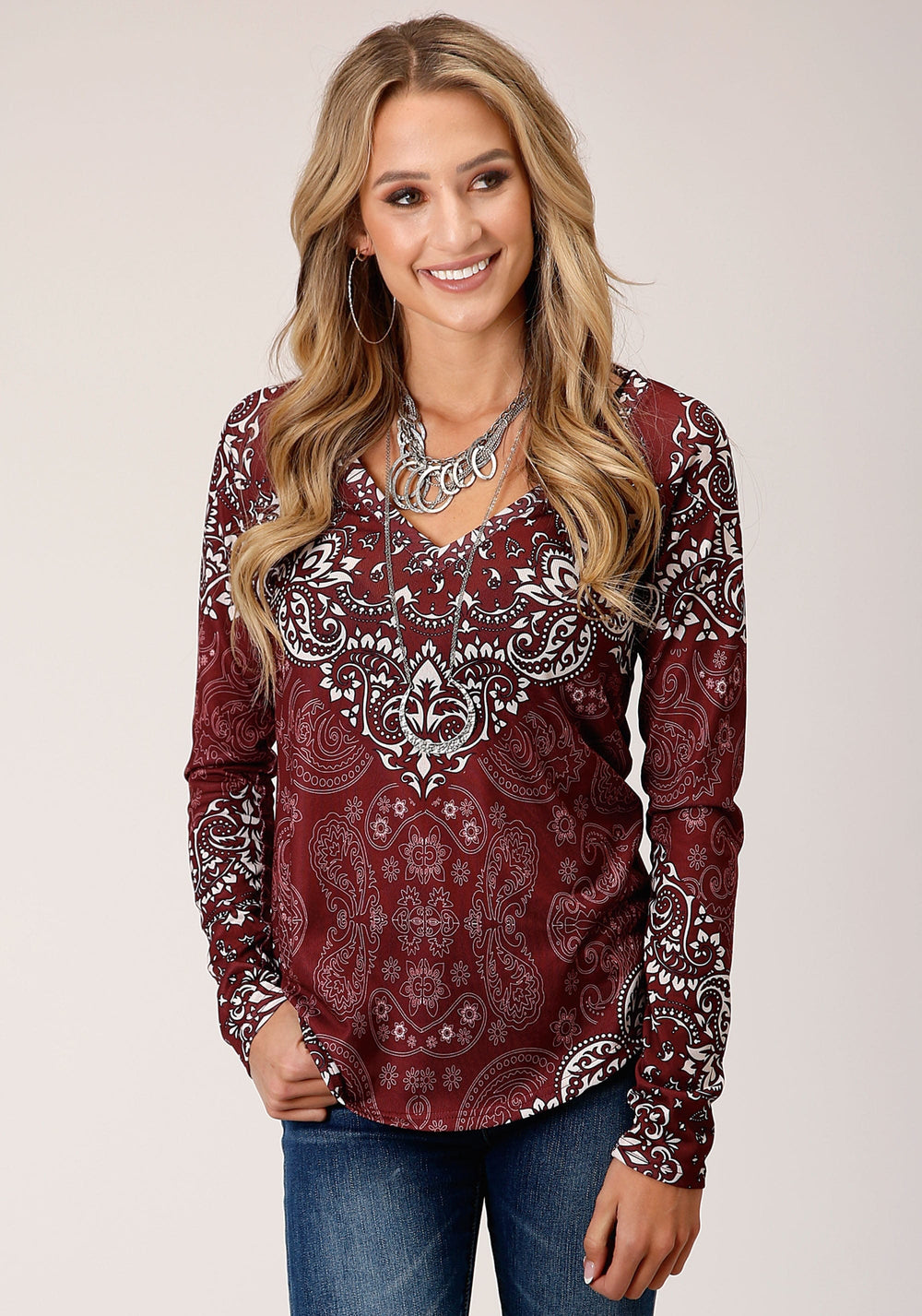 Roper Womens Long Sleeve Knit Sweater Knit Vneck Top Top - Roper