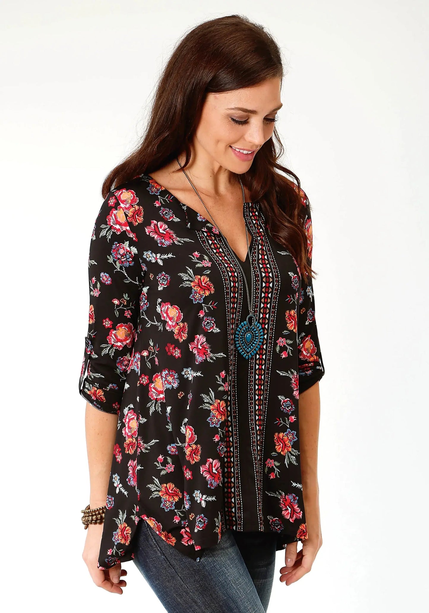 Roper Womens Black Ground Floral Print Long Sleeve Knit Top - Roper - Flyclothing LLC