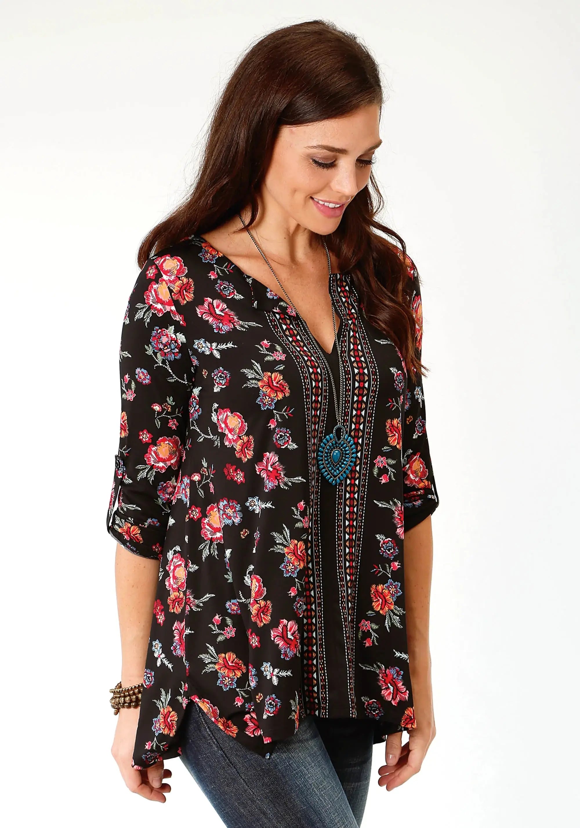 Roper Womens Black Ground Floral Print Long Sleeve Knit Top - Roper - Flyclothing LLC