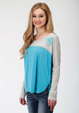 Roper Womens Grey And Blue Long Sleeve Knit Top - Roper