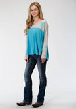 Roper Womens Grey And Blue Long Sleeve Knit Top - Roper