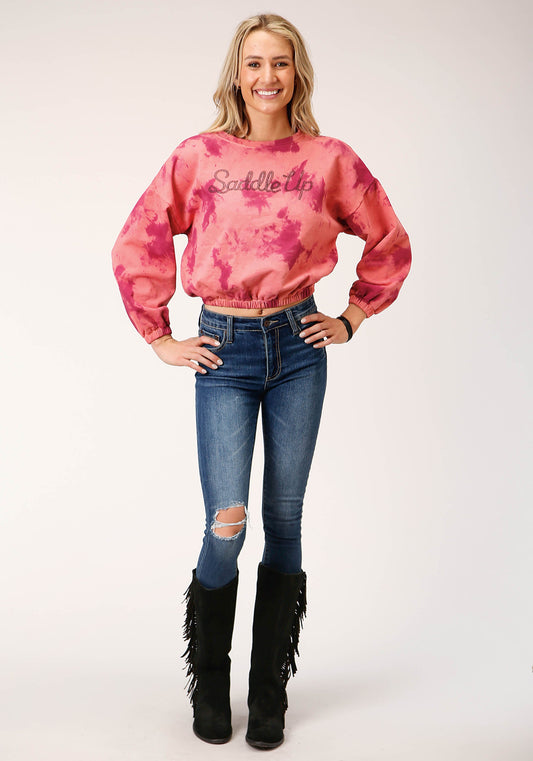 Roper Womens Long Sleeve Knit Wine Pink Tie Dye French Terry Sweatshirt