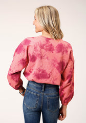 Roper Womens Long Sleeve Knit Wine Pink Tie Dye French Terry Sweatshirt - Roper
