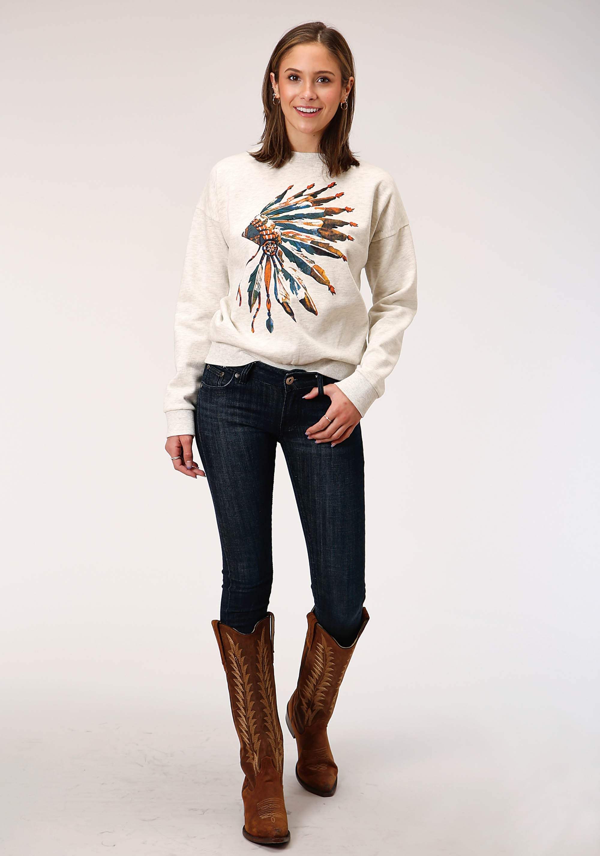 Roper Womens Long Sleeve Knit Heathered Cream C P Fleece Sweatshirt - Roper - Flyclothing LLC