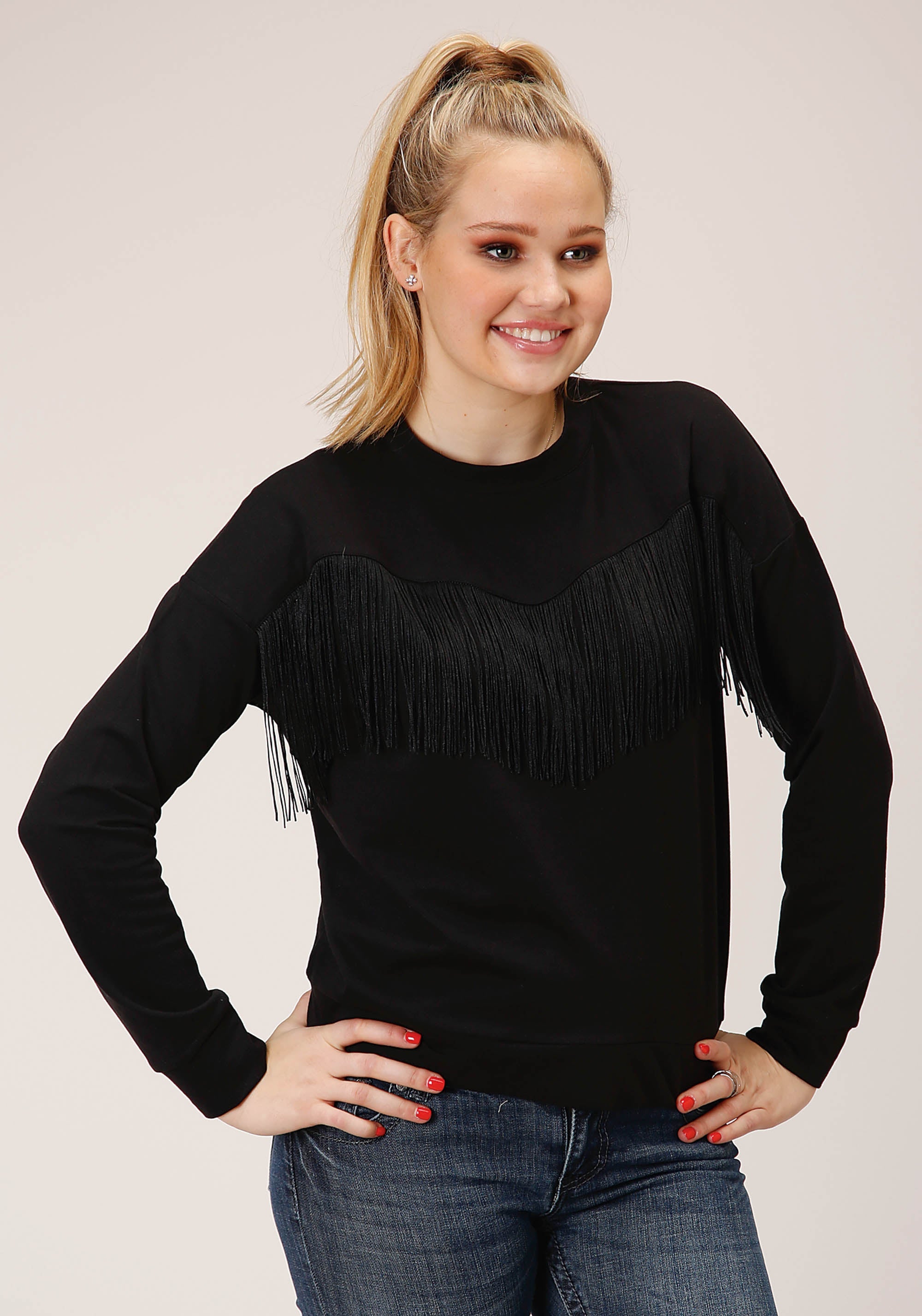 Roper Womens Long Sleeve Knit Black French Terry Top
