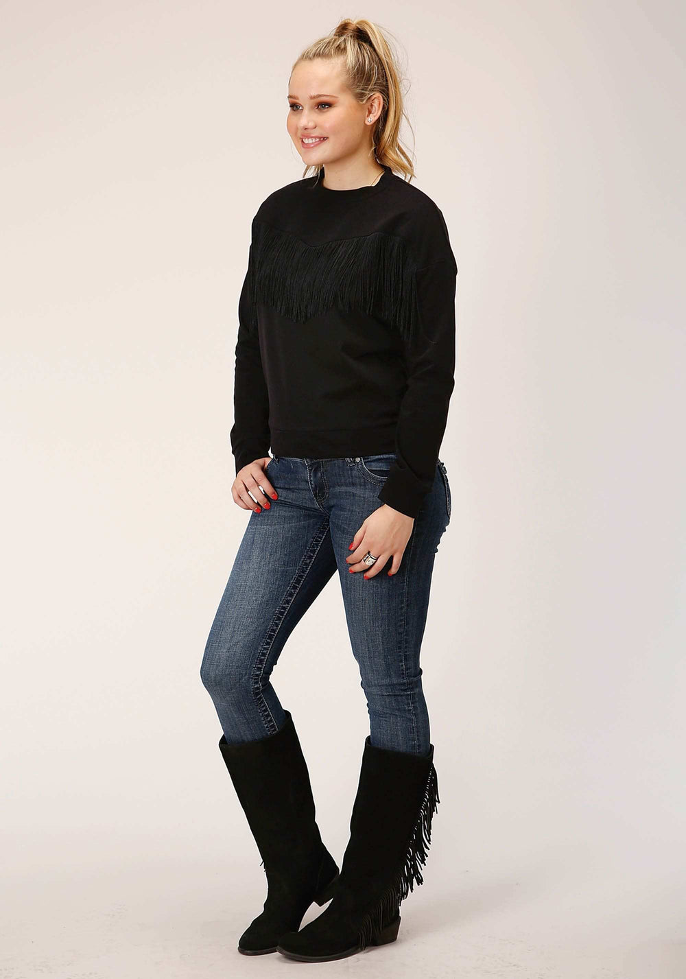 Roper Womens Long Sleeve Knit Black French Terry Top - Roper - Flyclothing LLC