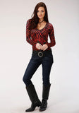 Roper Womens Red Black And Gray Abstract Animal Print Long Sleeve Knit Top - Roper