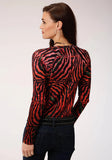 Roper Womens Red Black And Gray Abstract Animal Print Long Sleeve Knit Top - Roper