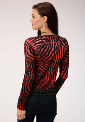 Roper Womens Red Black And Gray Abstract Animal Print Long Sleeve Knit Top