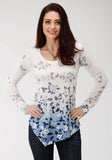 Roper Womens White And Blue Floral Print Long Sleeve Knit Top - Roper