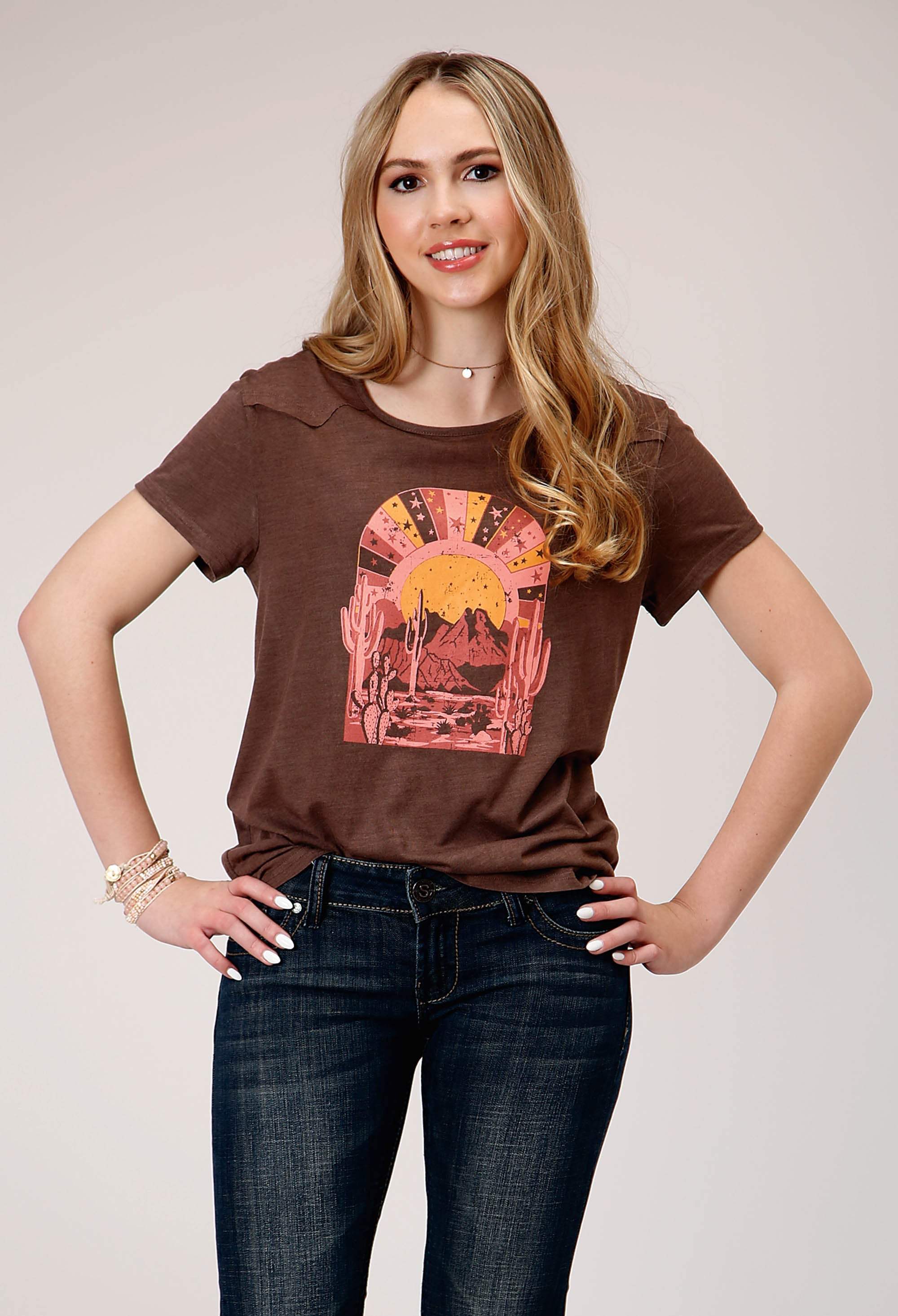 Roper Womens Short Sleeve Knit Dark Brown Poly Rayon Short Sleeve Tee Top - Roper - Flyclothing LLC